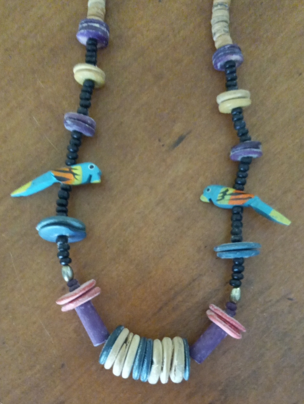 Kitsch 80s Tropical Parrot Carved Wood Saucer Bead Statement Necklace